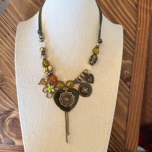 Vintage Multi Copper tone Charm and Beaded Necklace. Green and Orange